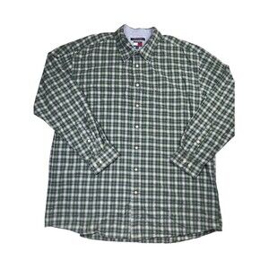 Tommy Hilfiger Shirt Men's 2XLT Green Plaid Cotton Long Sleeve Button-Up Classic